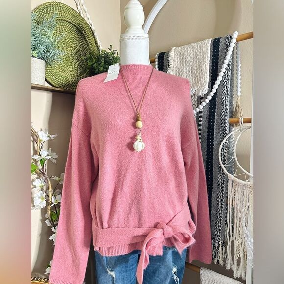 New with Tags Wayf Wool Blend Tie Waist Pink Sweater - Picture 1 of 8
